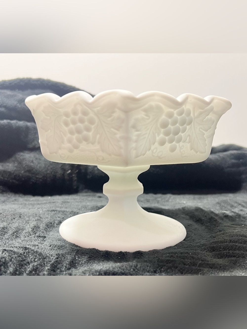 Vintage Imperial Milk Glass Hexagon Shaped Paneled Grape Compote, Circa 1960s